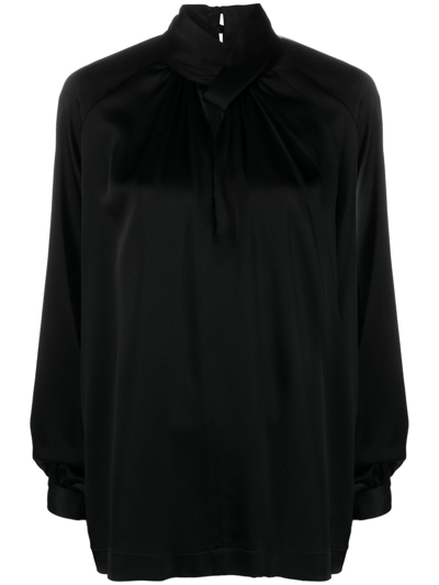 Shop Semicouture Zoe Satin Shirt With Knot In Black