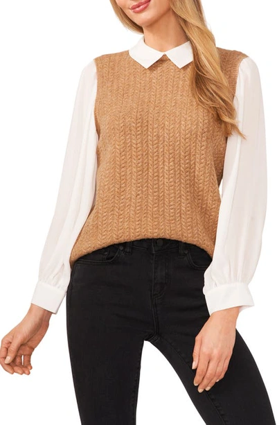 Shop Cece Mixed Media Top In Latte Heather Brown