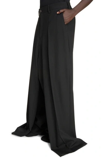 Shop Balenciaga Double Front Wide Leg Wool Trousers In Black
