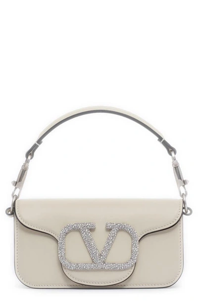 Shop Valentino Small Locò Crystal Logo Leather Shoulder Bag In Light Ivory/palladio-crystal
