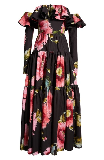 Shop Giambattista Valli Floral Off The Shoulder Long Sleeve Cotton Dress In Black/ Rose