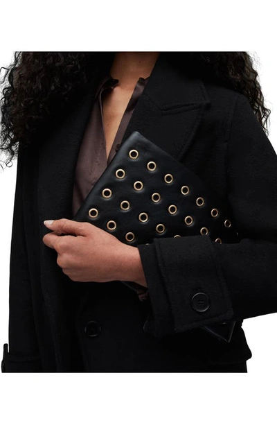 Allsaints Bettina Eyelet-embellished Zip-up Leather Clutch In Black