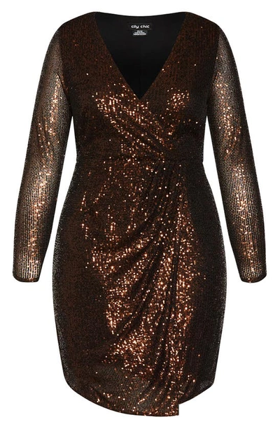 Shop City Chic Razzle Sequin Long Sleeve Dress In Bronze
