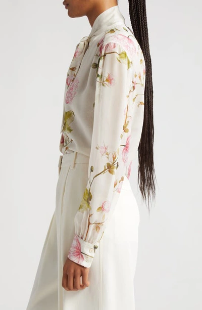 Shop Giambattista Valli Floral Print Tie Neck Silk Georgette Blouse In Ivory/ Multi