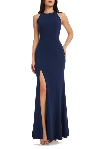 Shop Dress The Population Paige Halter Neck Mermaid Gown In Navy