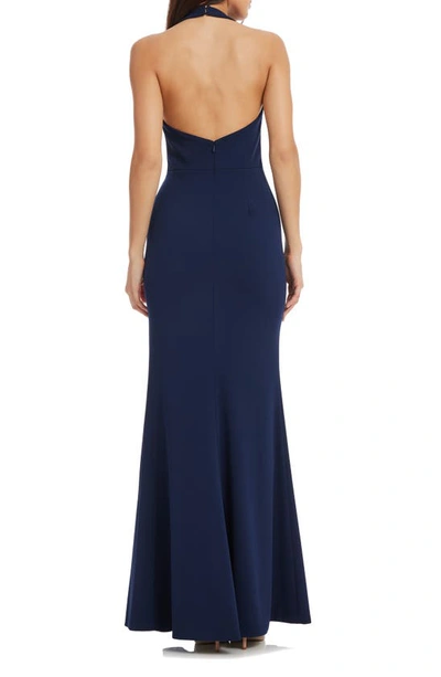 Shop Dress The Population Paige Halter Neck Mermaid Gown In Navy