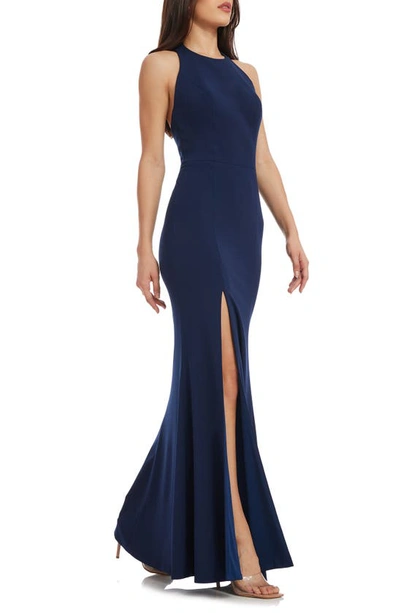 Shop Dress The Population Paige Halter Neck Mermaid Gown In Navy