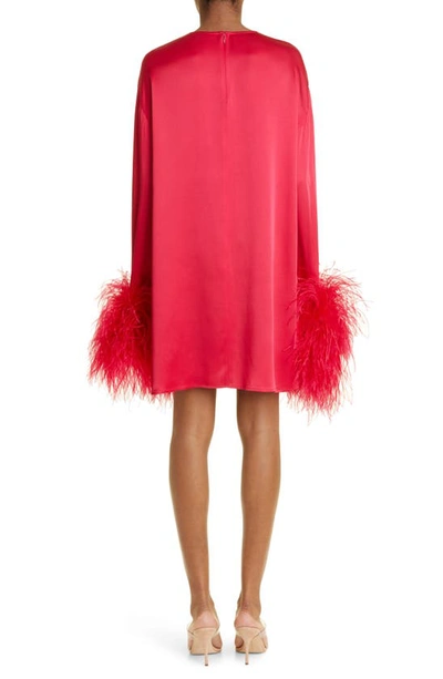 Shop Lapointe Ostrich Feather Trim Long Sleeve Crepe Shift Dress In Cerise