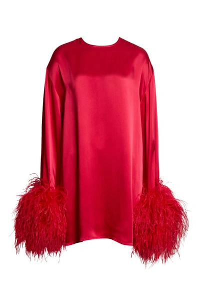 Shop Lapointe Ostrich Feather Trim Long Sleeve Crepe Shift Dress In Cerise