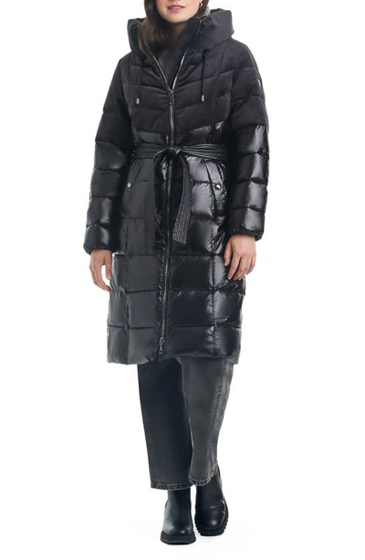 Shop Vince Camuto Belted Mixed Media Hooded Puffer Coat In Black