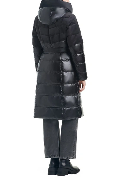 Shop Vince Camuto Belted Mixed Media Hooded Puffer Coat In Black