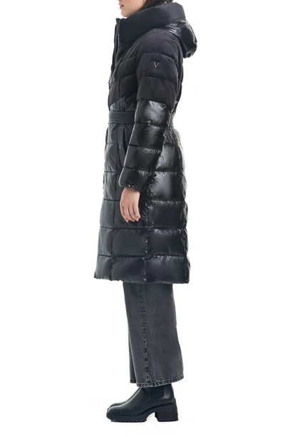 Shop Vince Camuto Belted Mixed Media Hooded Puffer Coat In Black