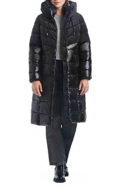 Shop Vince Camuto Belted Mixed Media Hooded Puffer Coat In Black