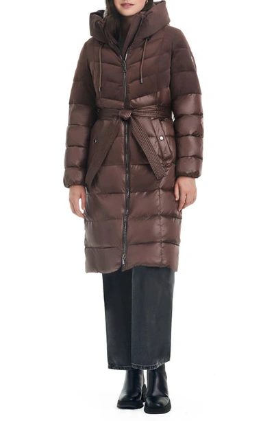 Shop Vince Camuto Belted Mixed Media Hooded Puffer Coat In Mink