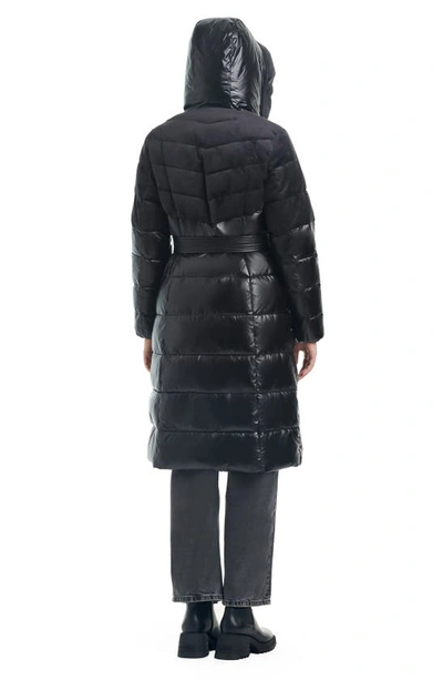 Shop Vince Camuto Belted Mixed Media Hooded Puffer Coat In Black