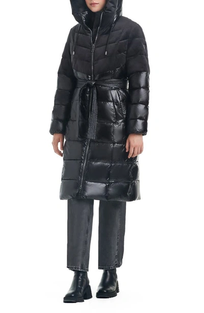 Shop Vince Camuto Belted Mixed Media Hooded Puffer Coat In Black