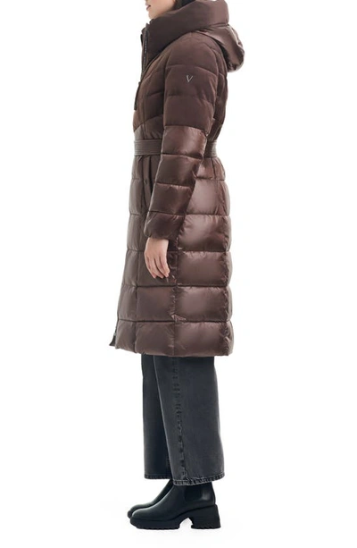 Shop Vince Camuto Belted Mixed Media Hooded Puffer Coat In Mink