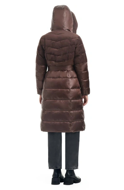 Shop Vince Camuto Belted Mixed Media Hooded Puffer Coat In Mink