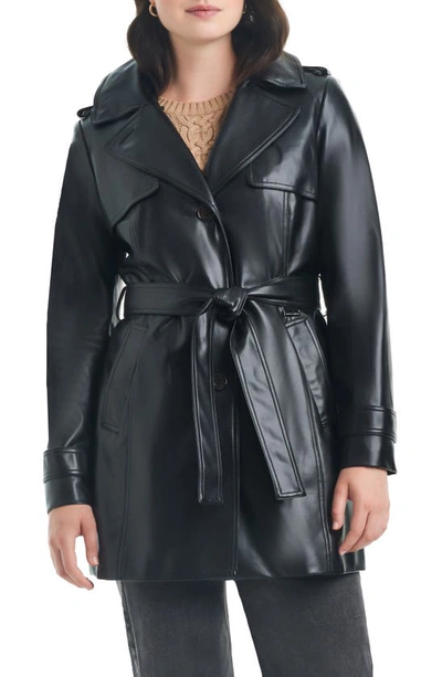 Shop Vince Camuto Belted Faux Leather Jacket With Removable Faux Fur Collar In Black