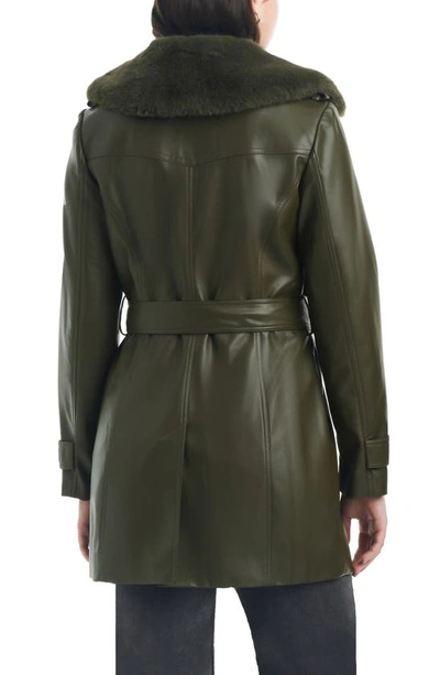 Shop Vince Camuto Belted Faux Leather Jacket With Removable Faux Fur Collar In Olive