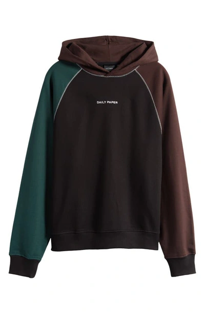 Shop Daily Paper Ridha Colorblock Cotton Hoodie In Black/ Syrup Brown/ Pine Green