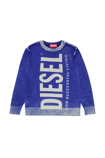 Shop Diesel Merino Wool Sweater With Logo And Delavé Effect In Blue
