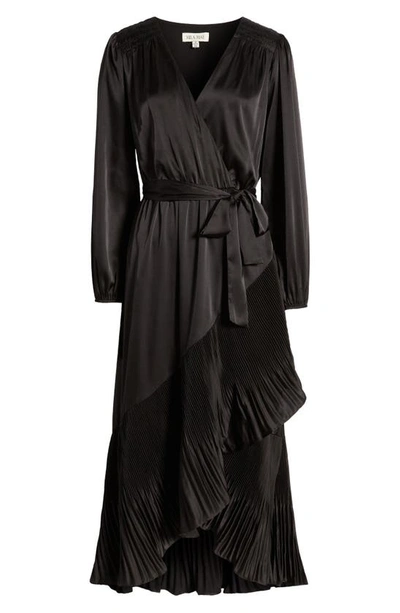 Shop Mila Mae Asymmetric Pleated Belted Long Sleeve Dress In Black