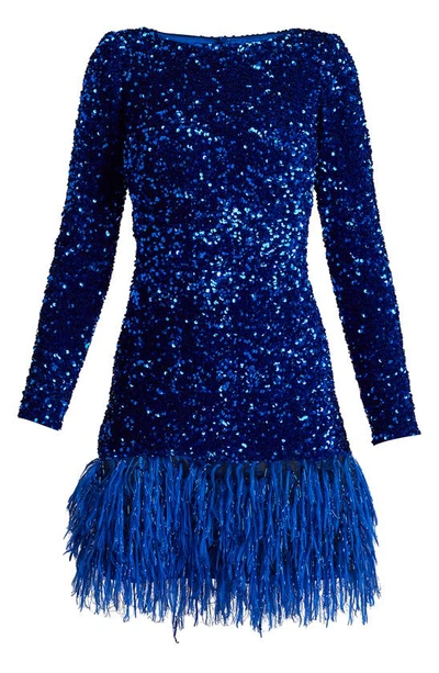 Shop Sho By Tadashi Shoji Sequin Feather Trim Long Sleeve Cocktail Dress In Neon Blue