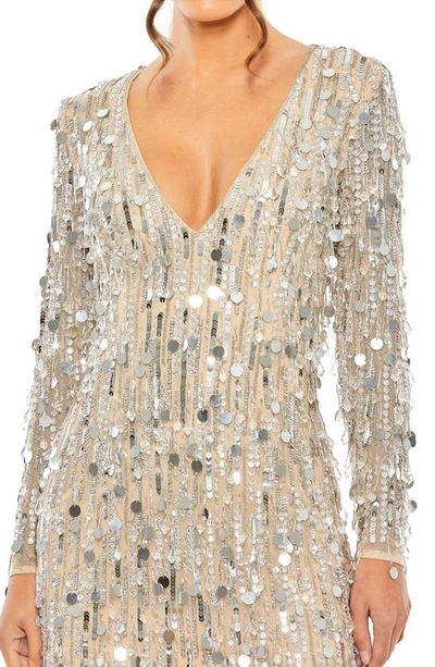 Shop Mac Duggal Long Sleeve Embellished Cocktail Dress In Nude Silver