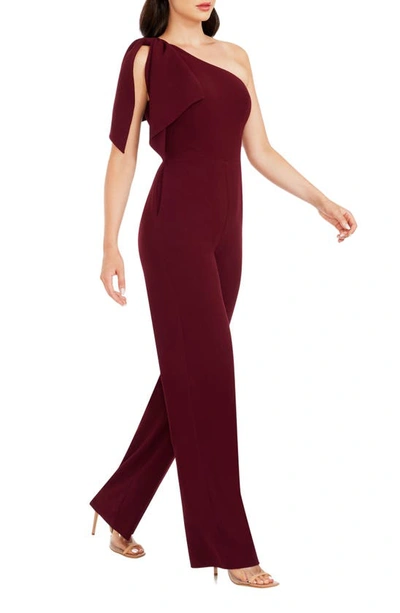 Dress The Population Tiffany One-shoulder Jumpsuit In Burgundy