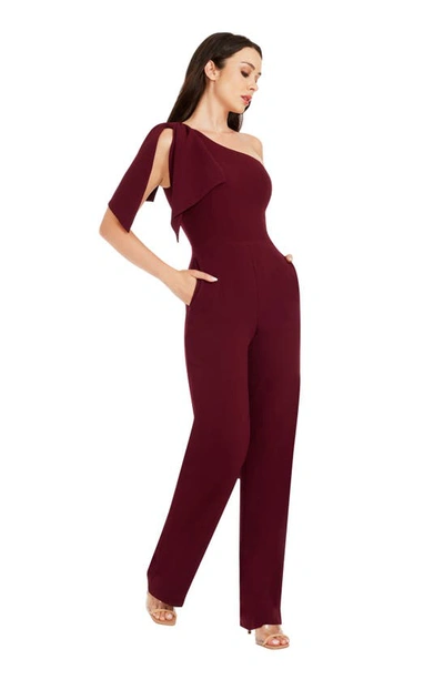 Shop Dress The Population Tiffany One-shoulder Jumpsuit In Burgundy