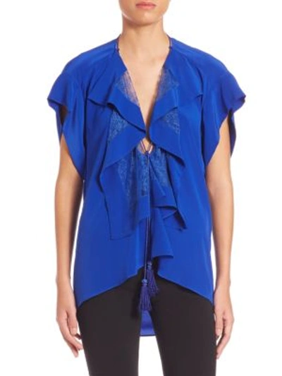 Shop Roberto Cavalli Ruffled Silk Blouse In Cobalt Blue