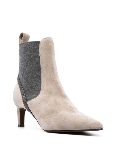 Shop Brunello Cucinelli Leather Heel Ankle Boots In Beige