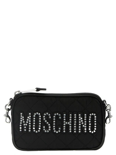 Shop Moschino Rhinestone Logo Crossbody Bag In Black