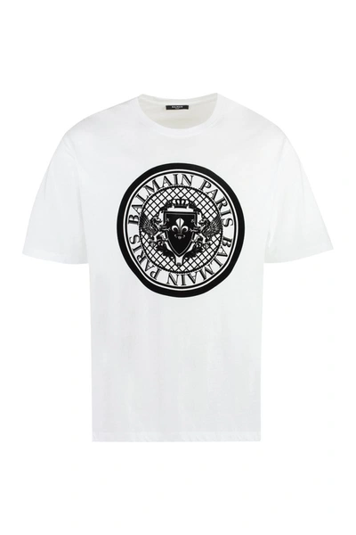 Shop Balmain Cotton Crew-neck T-shirt In White