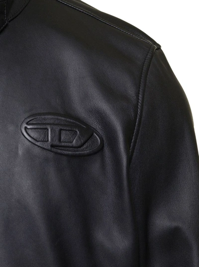 Shop Diesel 'l-metallo' Black Biker Jacket With Embossed Logo In Smooth Leather Man