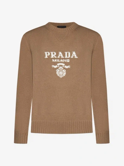 Shop Prada Logo Wool And Cashmere Sweater In Camel