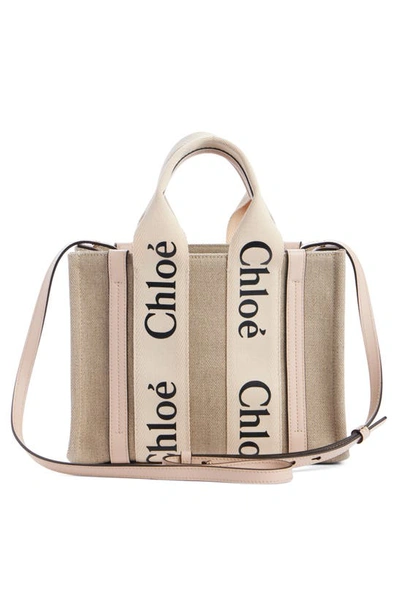 Shop Chloé Small Woody Logo Strap Linen Tote In Cement Pink 6j5
