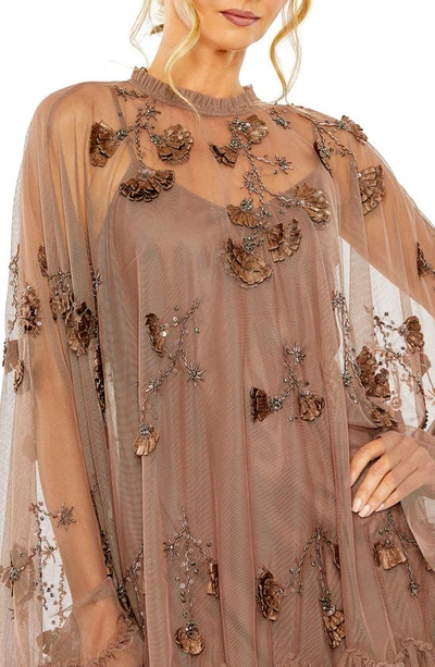 Shop Mac Duggal Long Sleeve Floral Embellished Trapeze Cocktail Dress In Chocolate