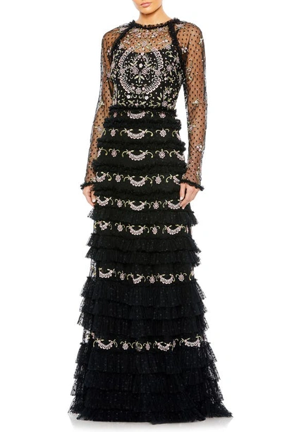 Shop Mac Duggal Floral Embroidered Mesh Long Sleeve Column Gown In Black Multi