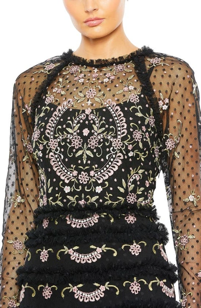 Shop Mac Duggal Floral Embroidered Mesh Long Sleeve Column Gown In Black Multi