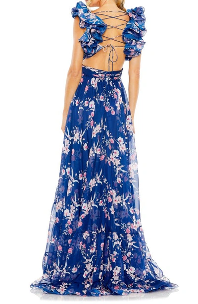 Shop Ieena For Mac Duggal Ruffle Floral Gown In Blue Multi