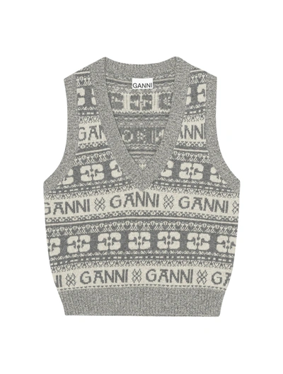 Shop Ganni Logo Wool Mix Vest In Grey