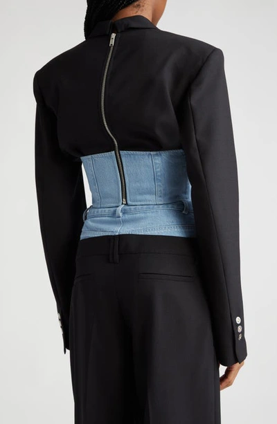 Shop Dion Lee Float Mixed Media Crop Corset Blazer In Black/ Cyan