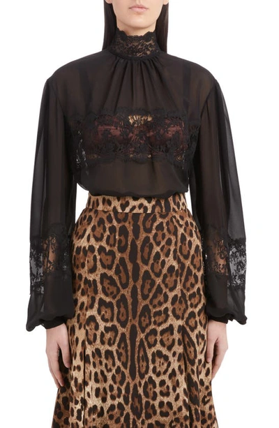 Shop Dolce & Gabbana Lace Detail Silk Blend Chiffon Blouse In Black