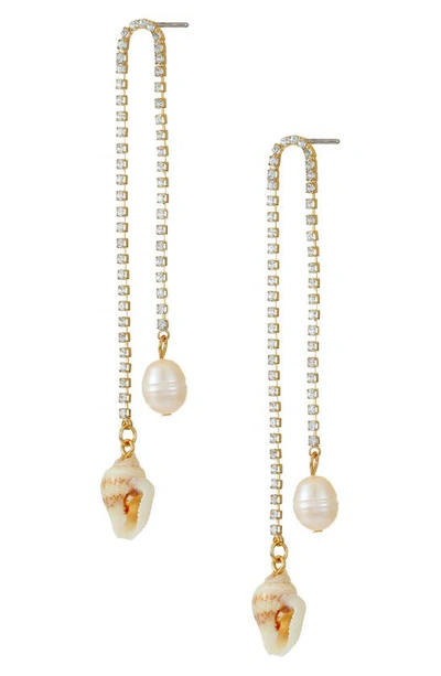 Ettika Shell And Freshwater Pearl Vacation 18k Gold Plated Dangle Earrings In Gold
