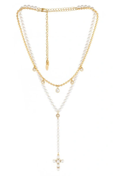 Shop Ettika Set Of 2 Cubic Zirconia Charm & Imitation Pearl Necklaces In Gold
