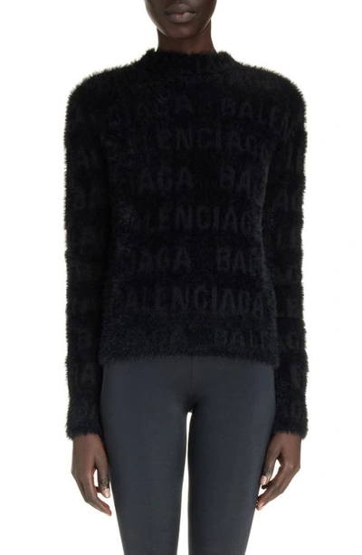 Shop Balenciaga Fitted Furry Logo Jacquard Wool Blend Sweater In Black