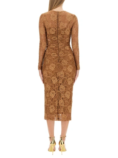 Shop Dolce & Gabbana Floral Lace Midi Dress In Brown