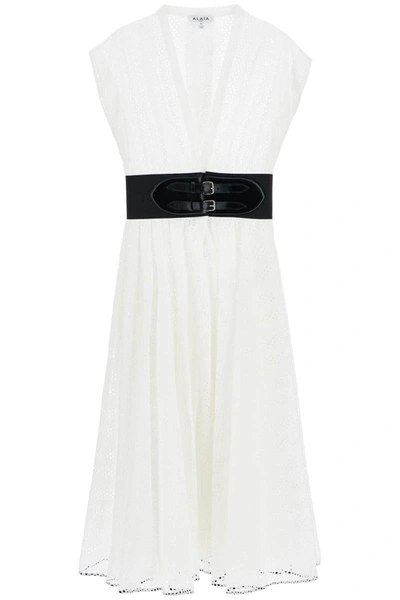 Shop Alaïa Alaia Belted Broderie Shirt Dress In White